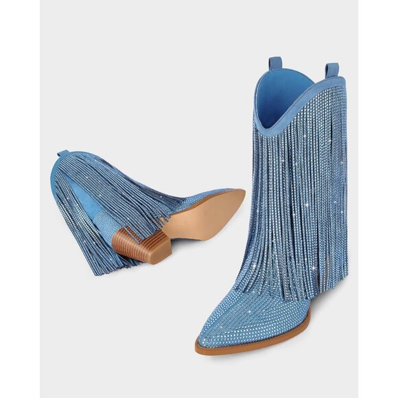 Women's Blue Cowgirl Rhinestone Boots With Sparkly Fringe Pointed Toe Wide Calf - Picture 7 of 9
